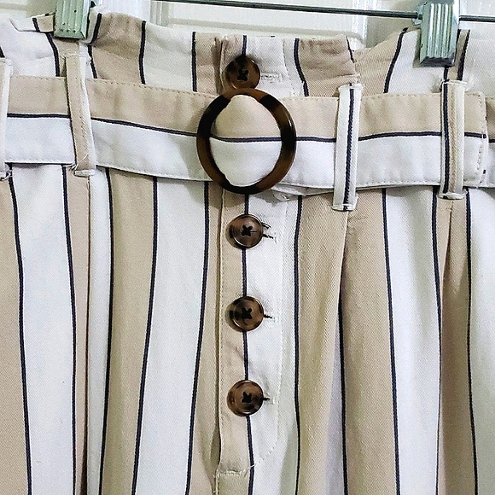 Abercrombie & Fitch White & Beige Striped High-Waist Wide Leg Paperbag Pants S - Picture 4 of 14